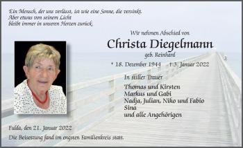 Traueranzeige von Christa Diegelmann von FZ