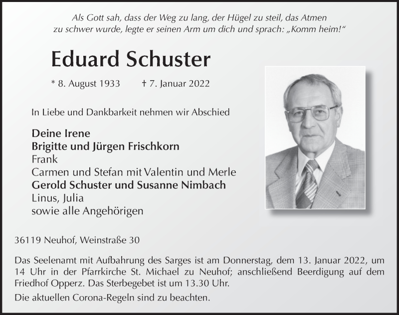  Traueranzeige für Eduard Schuster vom 10.01.2022 aus FZ