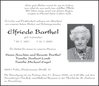 Traueranzeige von Elfriede Barthel von FZ