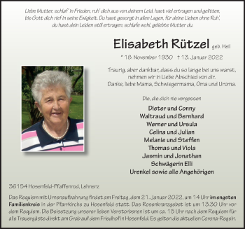 Traueranzeige von Elisabeth Rützel von FZ