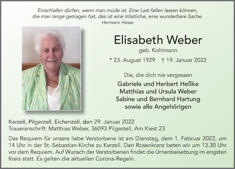  Traueranzeige für Elisabeth Weber vom 29.01.2022 aus FZ