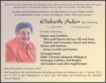 Traueranzeige von Elsbeth Ader von FZ