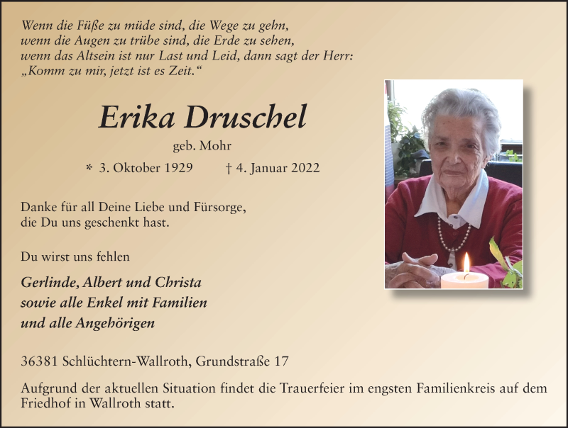  Traueranzeige für Erika Druschel vom 18.01.2022 aus FZ