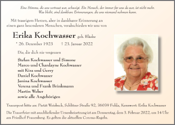 Traueranzeige von Erika Kochwasser von FZ