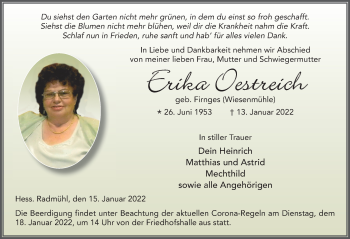 Traueranzeige von Erika Oestreich von FZ