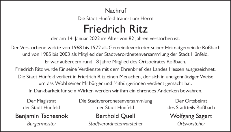  Traueranzeige für Friedrich Ritz vom 26.01.2022 aus FZ