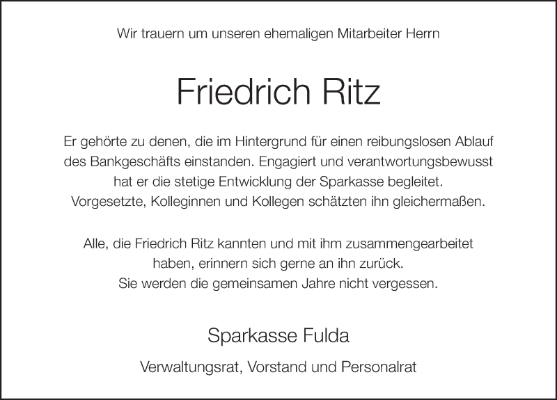  Traueranzeige für Friedrich Ritz vom 26.01.2022 aus FZ