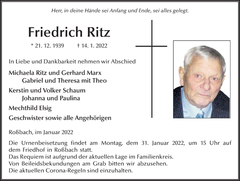  Traueranzeige für Friedrich Ritz vom 26.01.2022 aus FZ