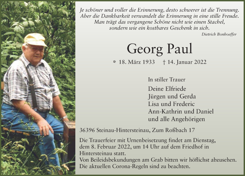  Traueranzeige für Georg Paul vom 29.01.2022 aus FZ