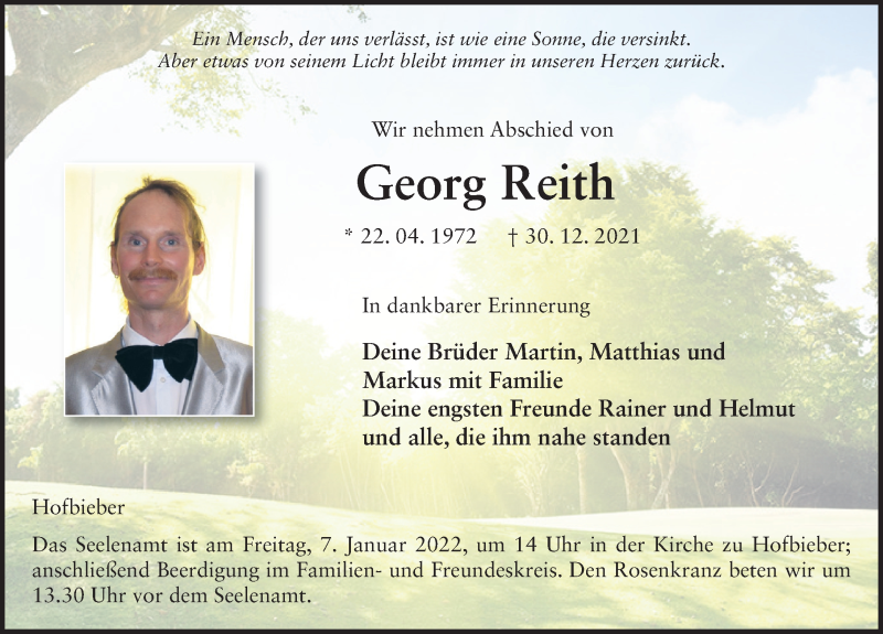  Traueranzeige für Georg Reith vom 05.01.2022 aus FZ
