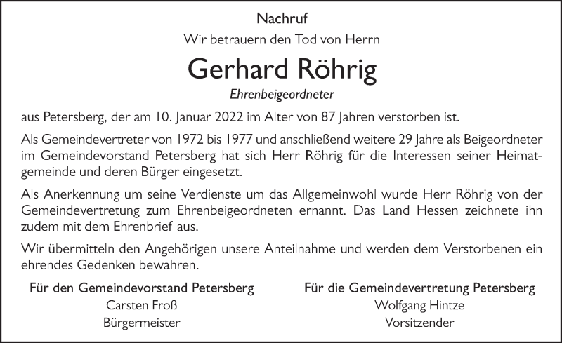  Traueranzeige für Gerhard Röhrig vom 22.01.2022 aus FZ