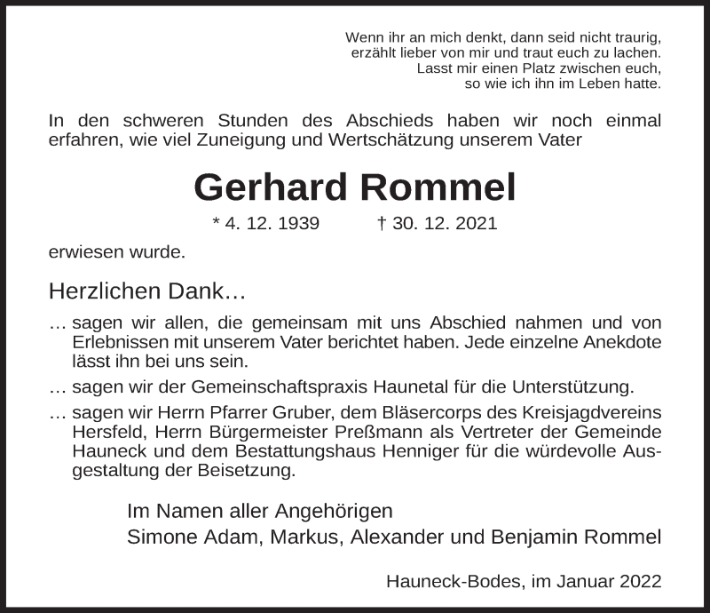 Traueranzeige für Gerhard Rommel vom 29.01.2022 aus FZ