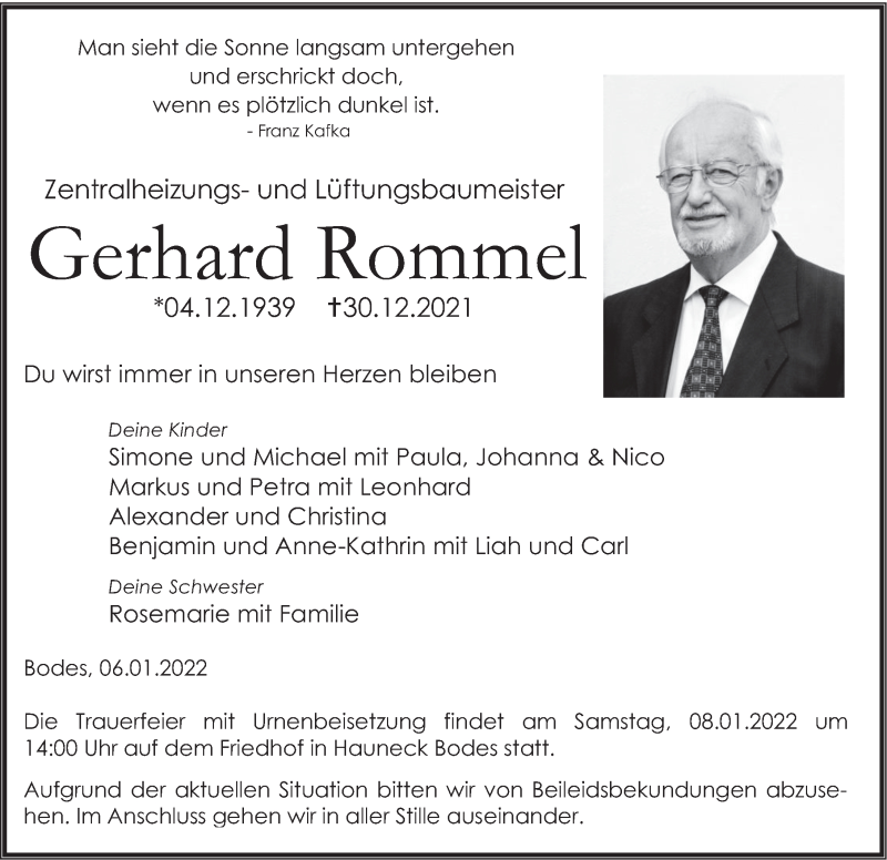  Traueranzeige für Gerhard Rommel vom 06.01.2022 aus FZ