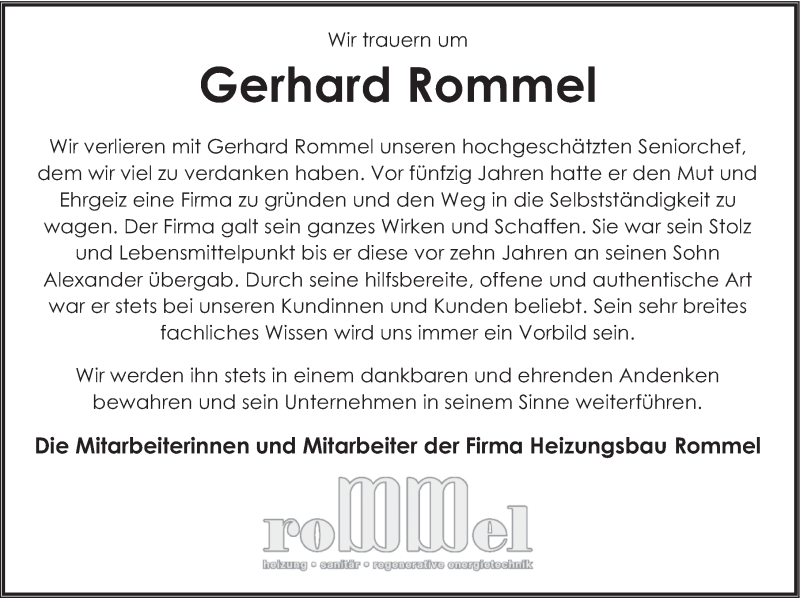  Traueranzeige für Gerhard Rommel vom 06.01.2022 aus FZ
