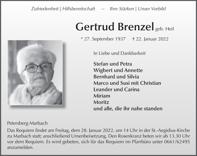  Traueranzeige für Gertrud Brenzel vom 26.01.2022 aus FZ