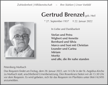 Traueranzeige von Gertrud Brenzel von FZ