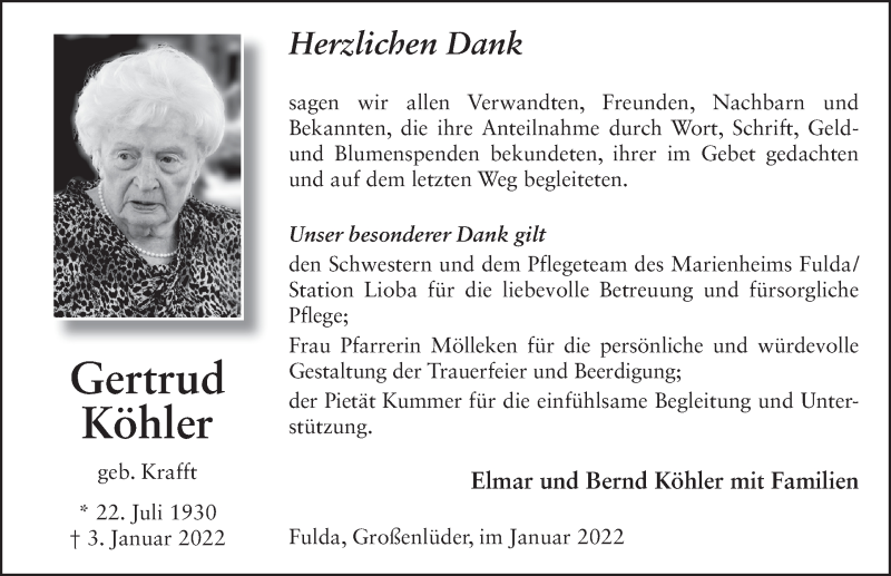  Traueranzeige für Gertrud Köhler vom 28.01.2022 aus FZ