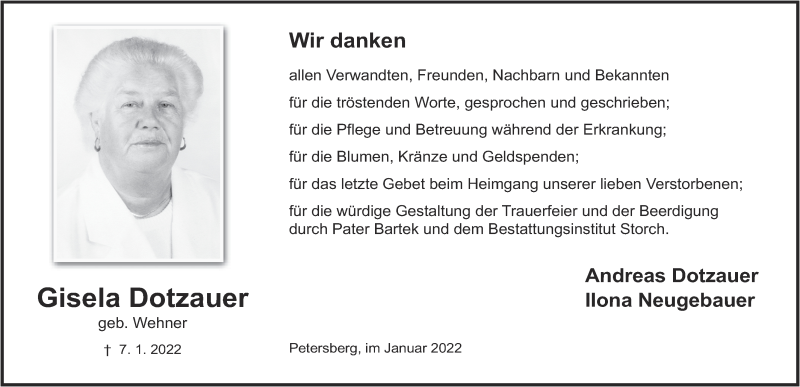  Traueranzeige für Gisela Dotzauer vom 29.01.2022 aus FZ