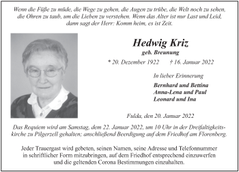 Traueranzeige von Hedwig Kriz von FZ