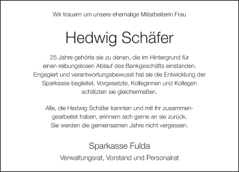 Traueranzeige von Hedwig Schäfer von FZ