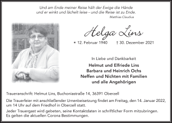 Traueranzeige von Helga Lins von FZ
