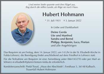Traueranzeige von Hubert Hohmann von FZ