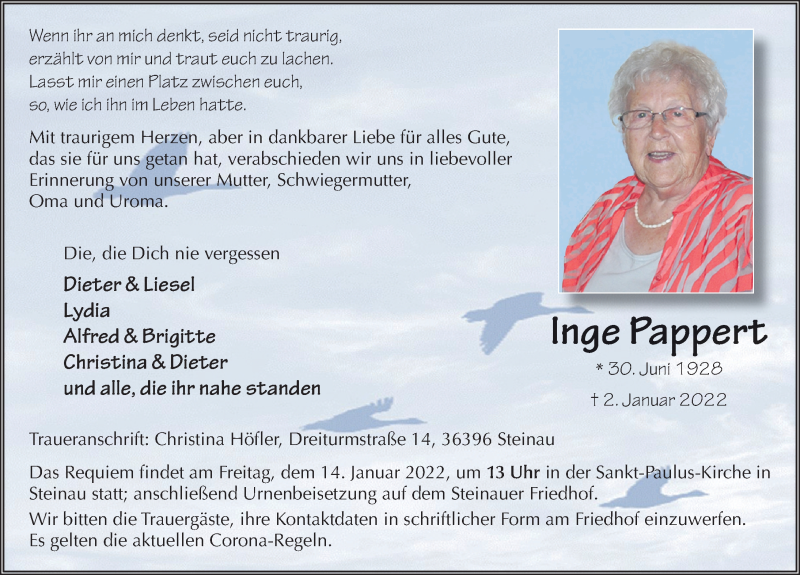  Traueranzeige für Inge Pappert vom 10.01.2022 aus FZ