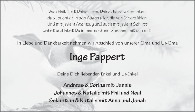  Traueranzeige für Inge Pappert vom 10.01.2022 aus FZ