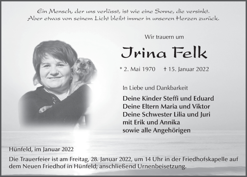  Traueranzeige für Irina Felk vom 21.01.2022 aus FZ