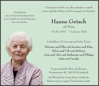 Traueranzeige von Johanna Grösch von FZ