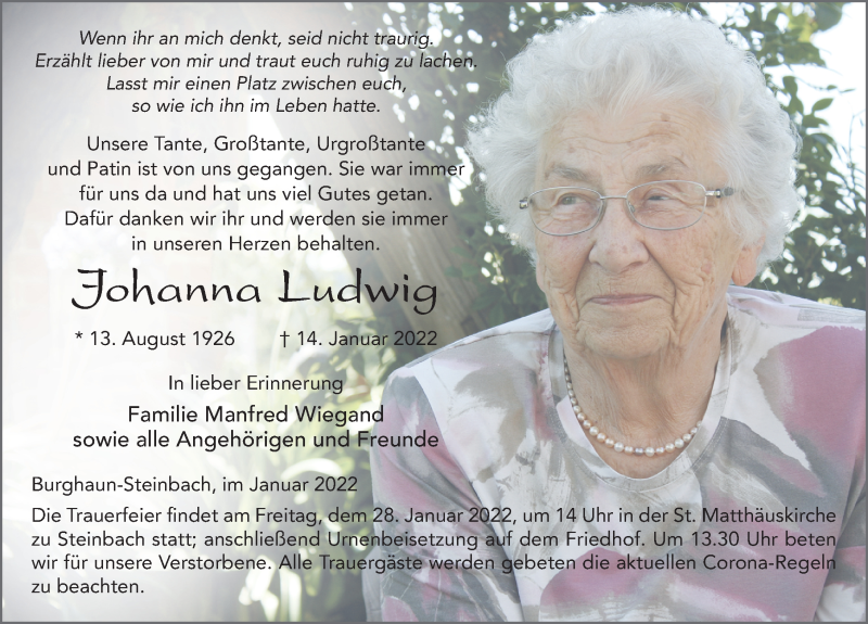  Traueranzeige für Johanna Ludwig vom 26.01.2022 aus FZ