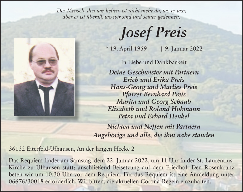  Traueranzeige für Josef Preis vom 20.01.2022 aus FZ