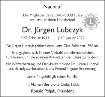 Traueranzeige von Jürgen Lubzcyk von FZ