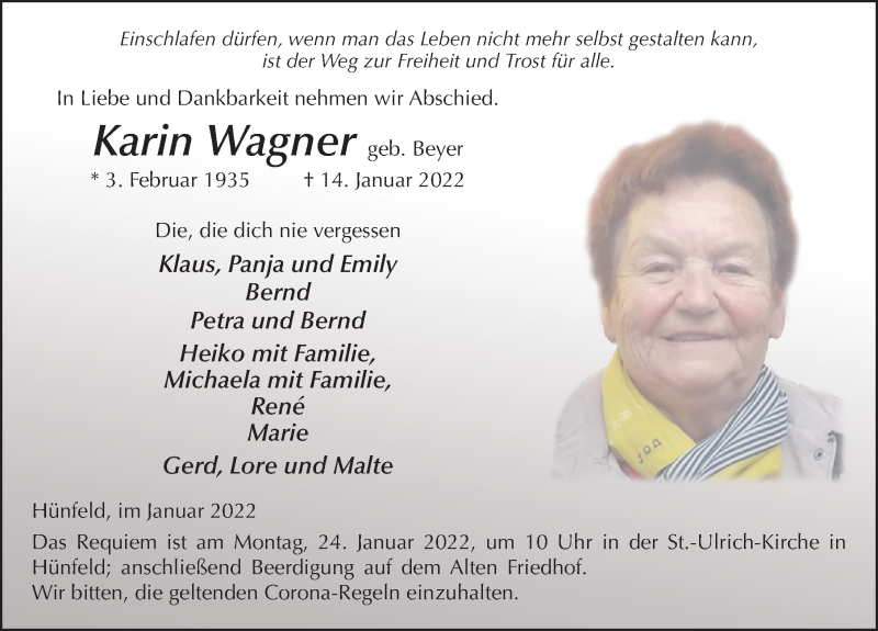  Traueranzeige für Karin Wagner vom 21.01.2022 aus FZ