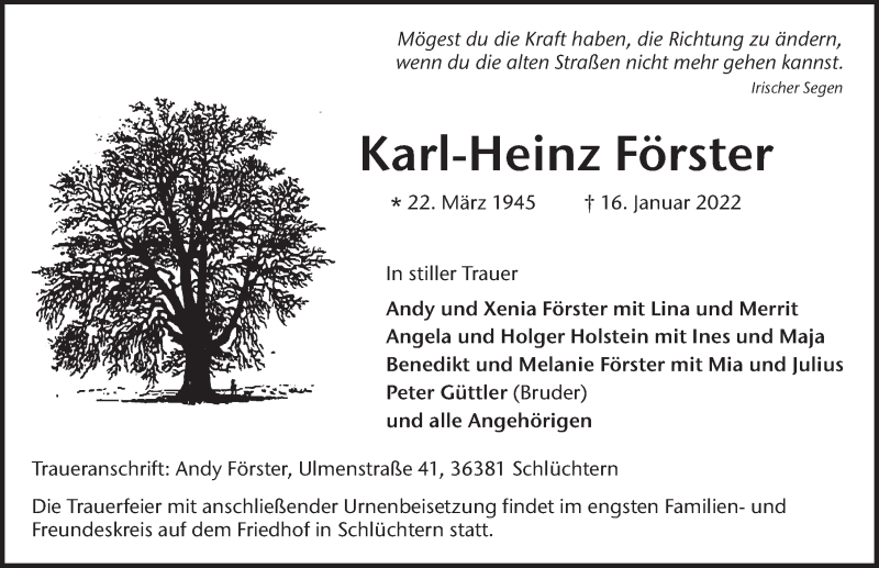  Traueranzeige für Karl-Heinz Förster vom 27.01.2022 aus FZ
