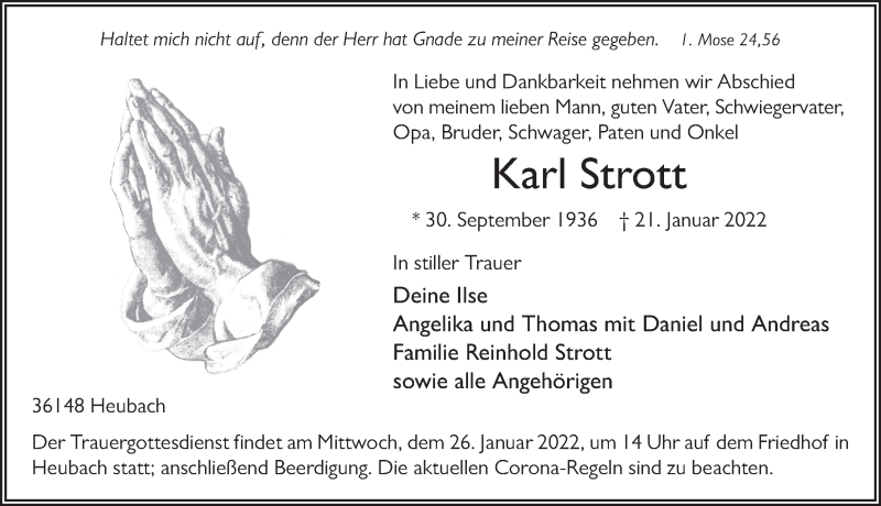  Traueranzeige für Karl Strott vom 24.01.2022 aus FZ