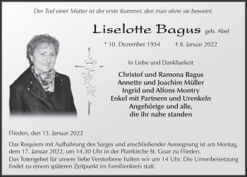 Traueranzeige von Lieselotte Bagus von FZ