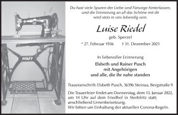 Traueranzeige von Luise Riedel von FZ