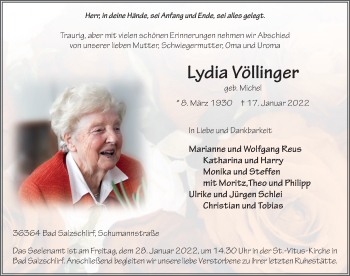 Traueranzeige von Lydia Völlinger von FZ