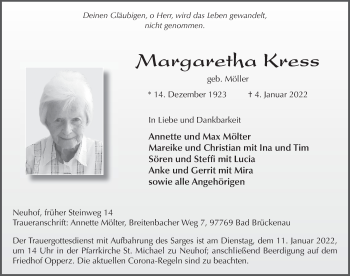 Traueranzeige von Margaretha Kress von FZ