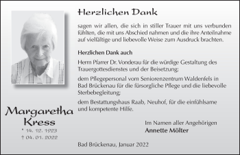Traueranzeige von Margaretha Kress von FZ