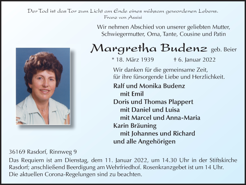  Traueranzeige für Margretha Budenz vom 08.01.2022 aus FZ