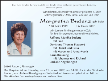 Traueranzeige von Margretha Budenz von FZ