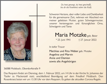 Traueranzeige von Maria Motzke von FZ