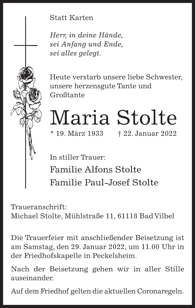  Traueranzeige für Maria Stolte vom 27.01.2022 aus FZ