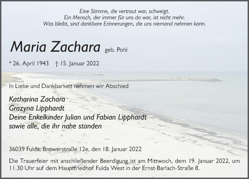  Traueranzeige für Maria Zachara vom 18.01.2022 aus FZ