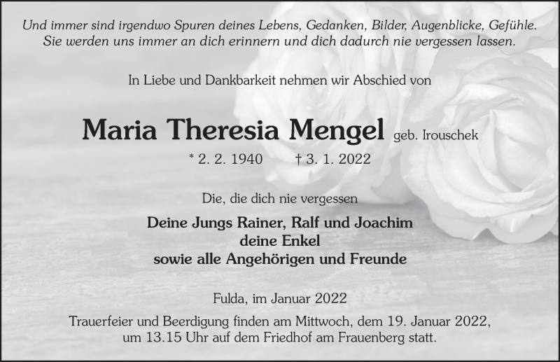  Traueranzeige für Maria Theresia Mengel vom 15.01.2022 aus FZ