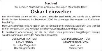 Traueranzeige von Oskar Leinweber von FZ