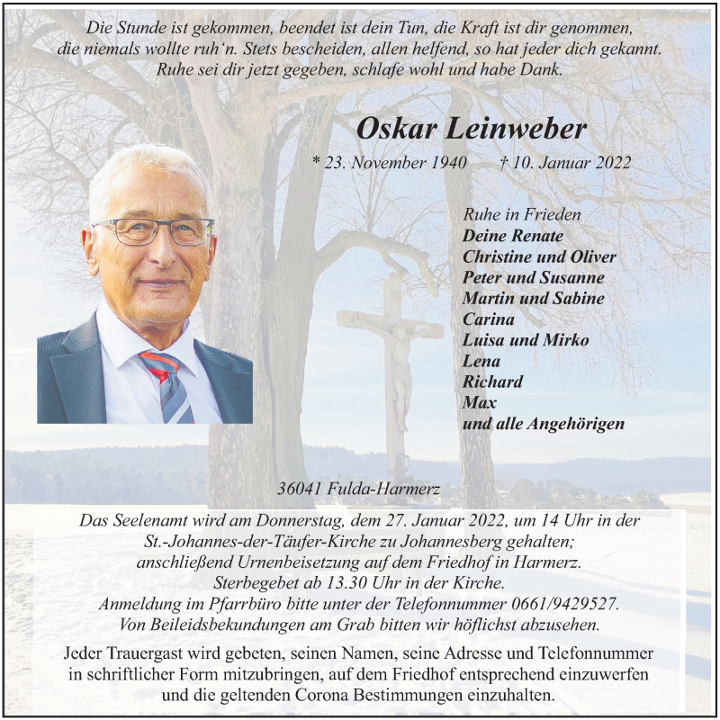 Traueranzeige für Oskar Leinweber vom 24.01.2022 aus FZ