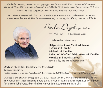 Traueranzeige von Paula Degel von FZ